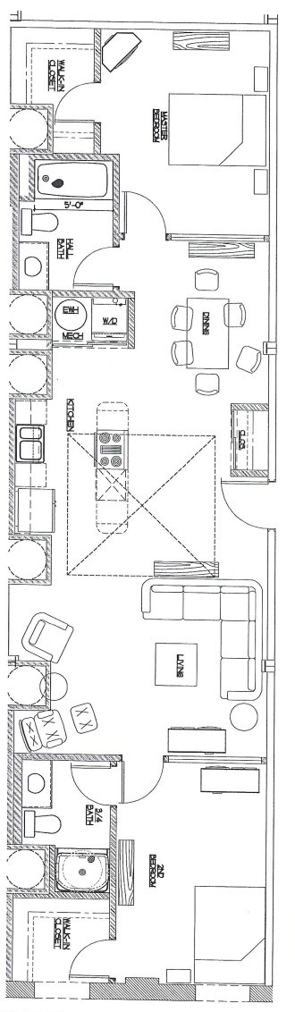 A floor plan of a house with a kitchen, living room, and two bedrooms.